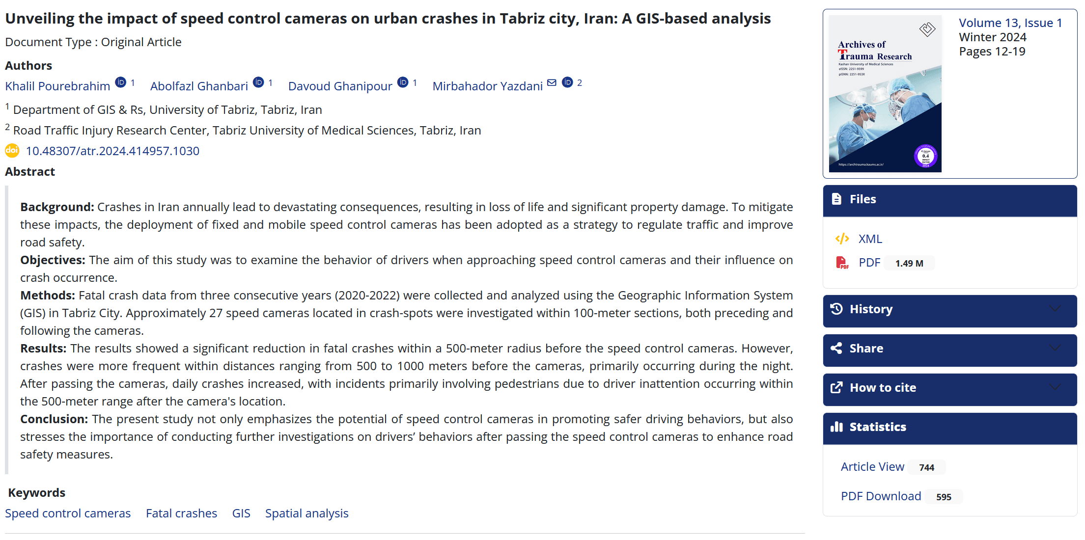 Unveiling the impact of speed control cameras on urban crashes in Tabriz city, Iran: A GIS-based analysis — نمونه کار منتشرشده موسسه شریف پیپر