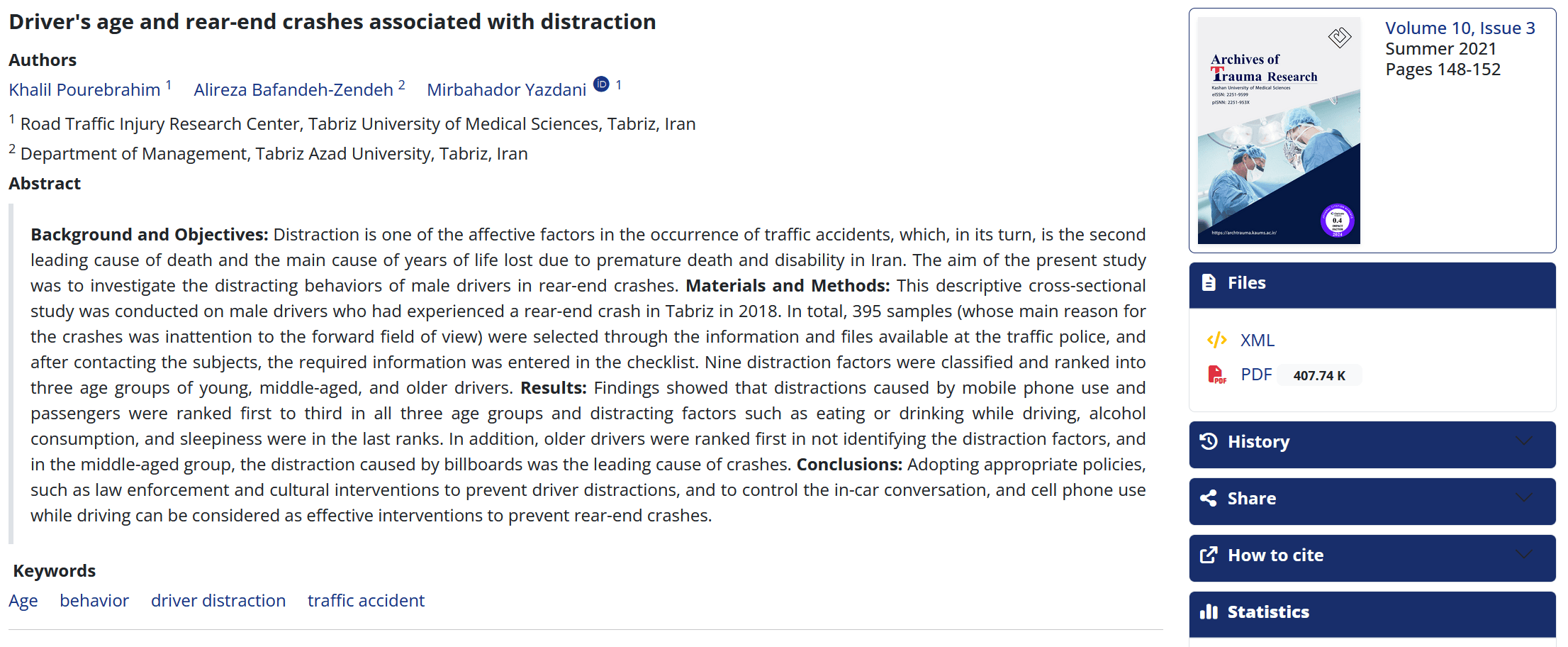 Driver's age and rear-end crashes associated with distraction — نمونه کار منتشرشده موسسه شریف پیپر