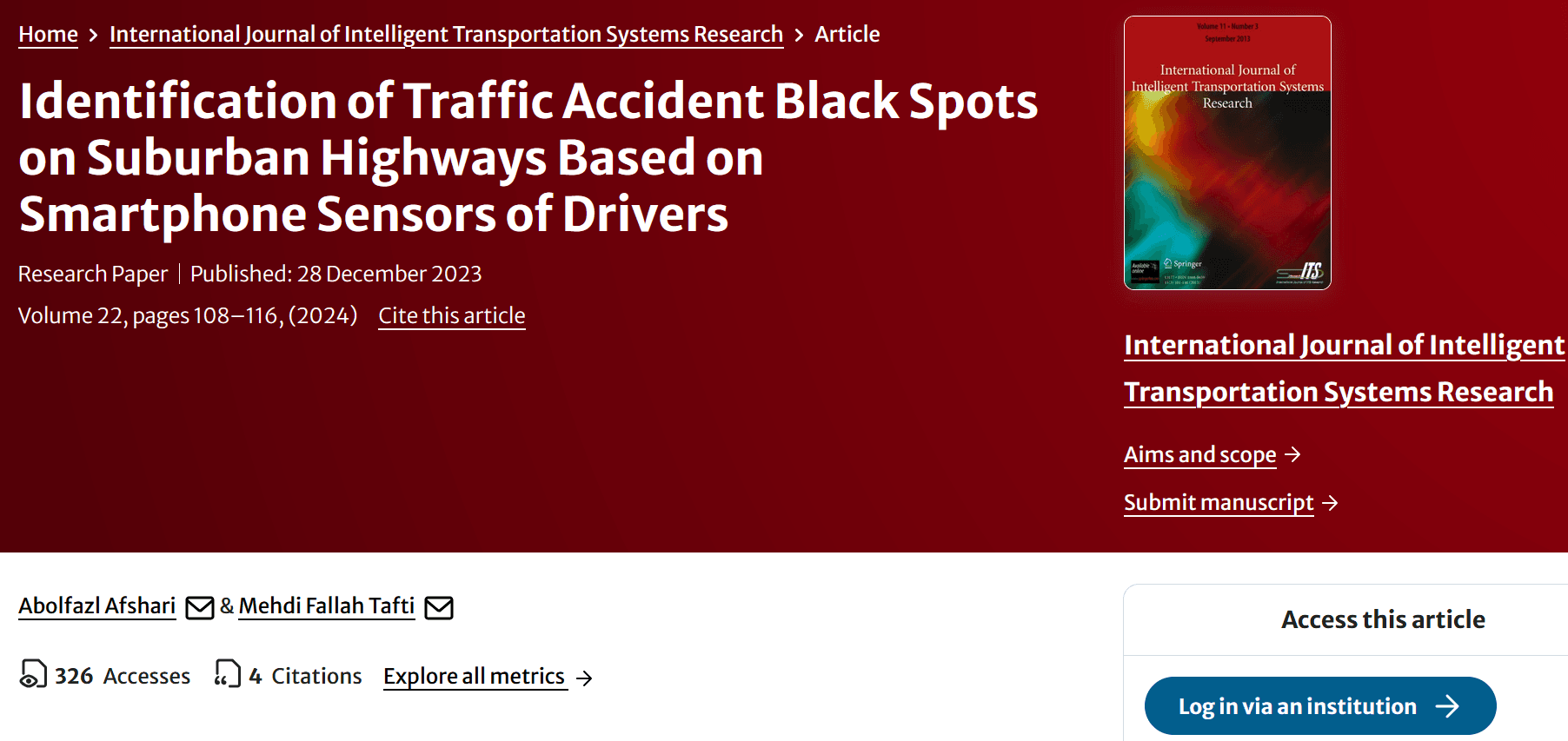 Identification of Traffic Accident Black Spots on Suburban Highways Based on Smartphone Sensors of Drivers — نمونه کار منتشرشده موسسه شریف پیپر