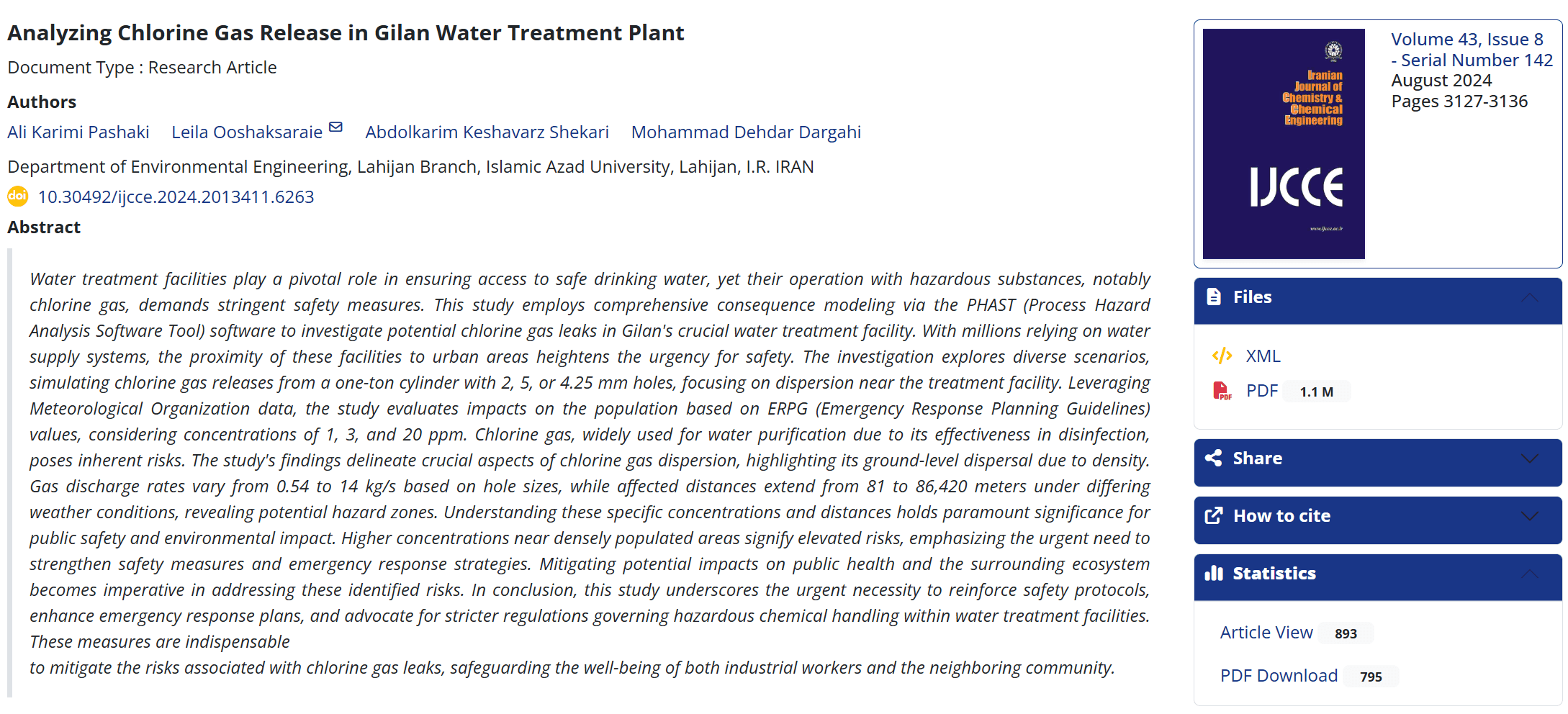 Analyzing Chlorine Gas Release in Gilan Water Treatment Plant — نمونه کار منتشرشده موسسه شریف پیپر