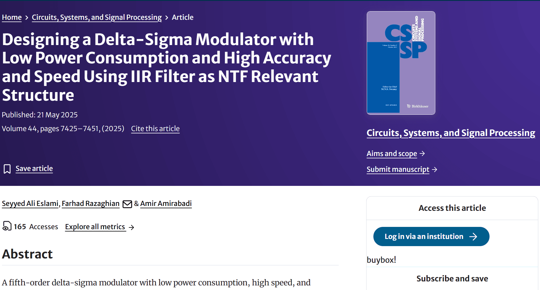 Designing a Delta-Sigma Modulator with Low Power Consumption and High Accuracy and Speed Using IIR Filter as NTF Relevant Structure — نمونه کار منتشرشده موسسه شریف پیپر