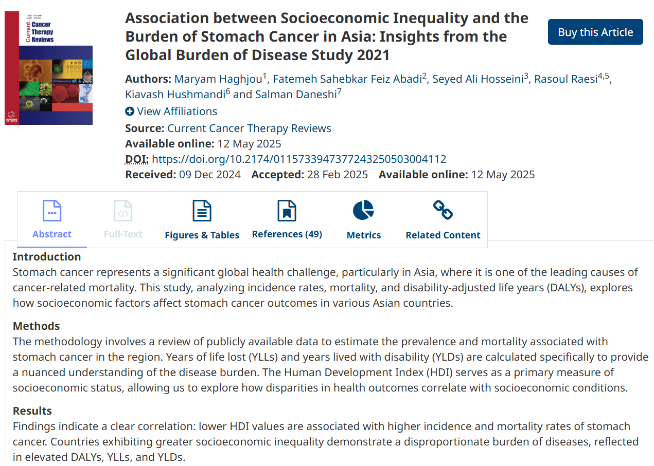Association between Socioeconomic Inequality and the Burden of Stomach Cancer in Asia: Insights from the Global Burden of Disease Study 2021 — نمونه کار منتشرشده موسسه شریف پیپر