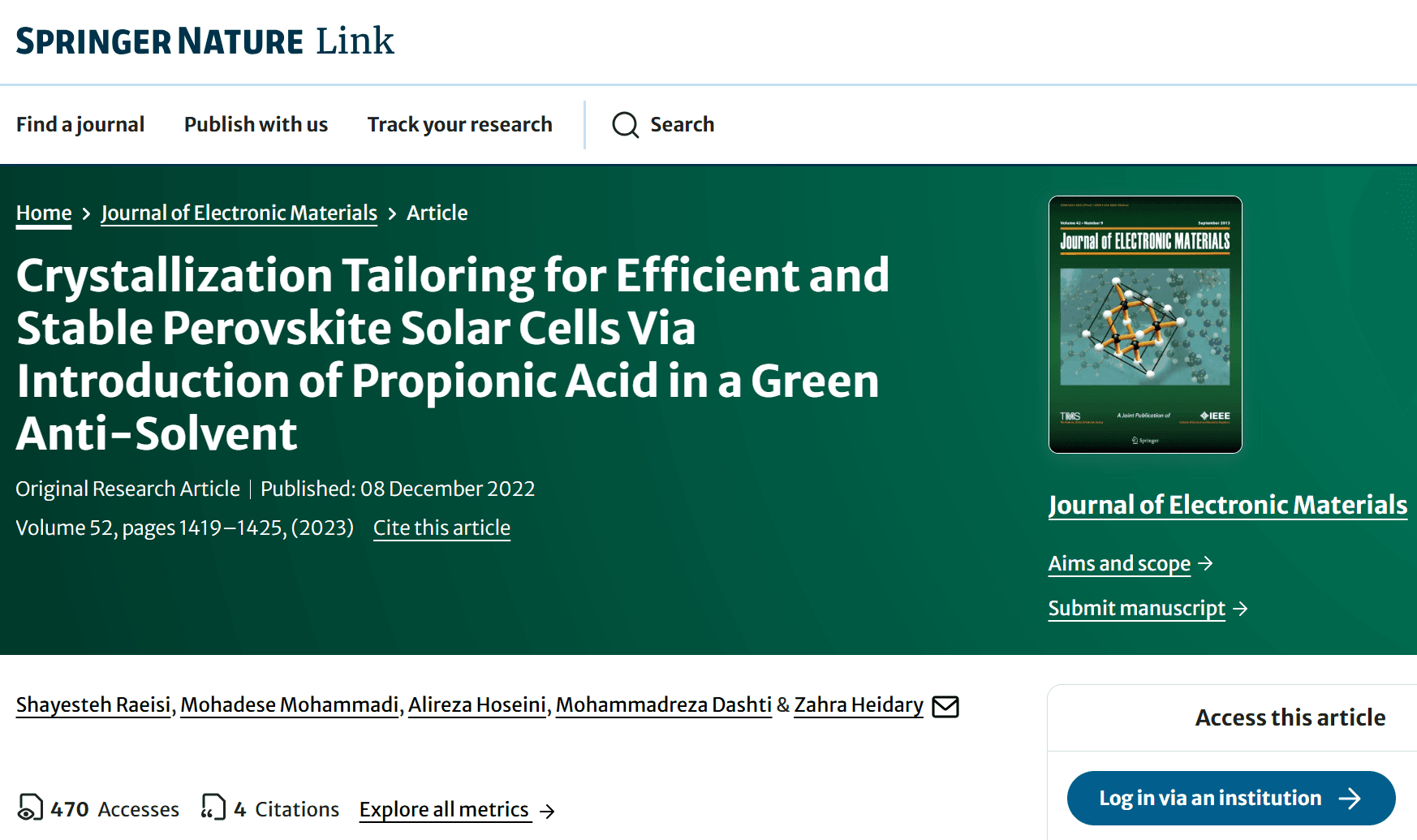 Crystallization Tailoring for Efficient and Stable Perovskite Solar Cells Via Introduction of Propionic Acid in a Green Anti-Solvent — نمونه کار منتشرشده موسسه شریف پیپر