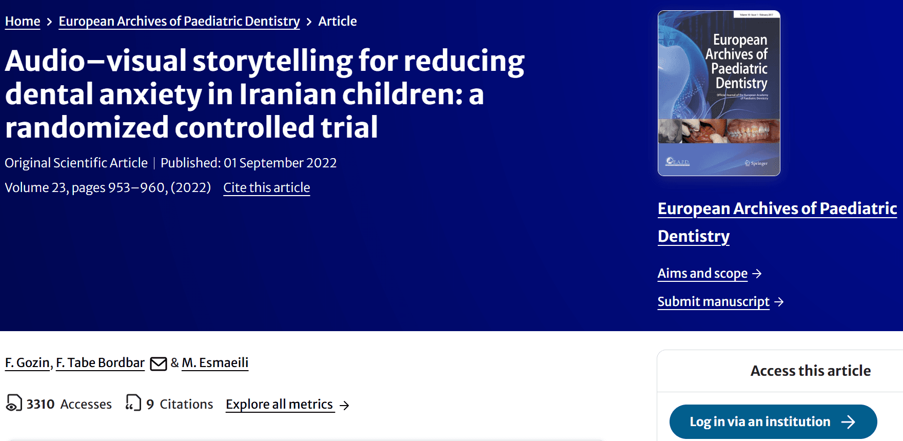 Audio–visual storytelling for reducing dental anxiety in Iranian children: a randomized controlled trial — نمونه کار منتشرشده موسسه شریف پیپر