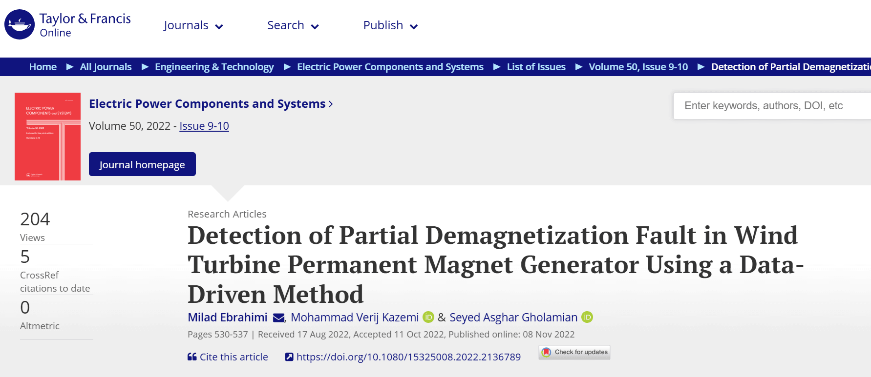 Detection of Partial Demagnetization Fault in Wind Turbine Permanent Magnet Generator Using a Data-Driven Method — نمونه کار منتشرشده موسسه شریف پیپر