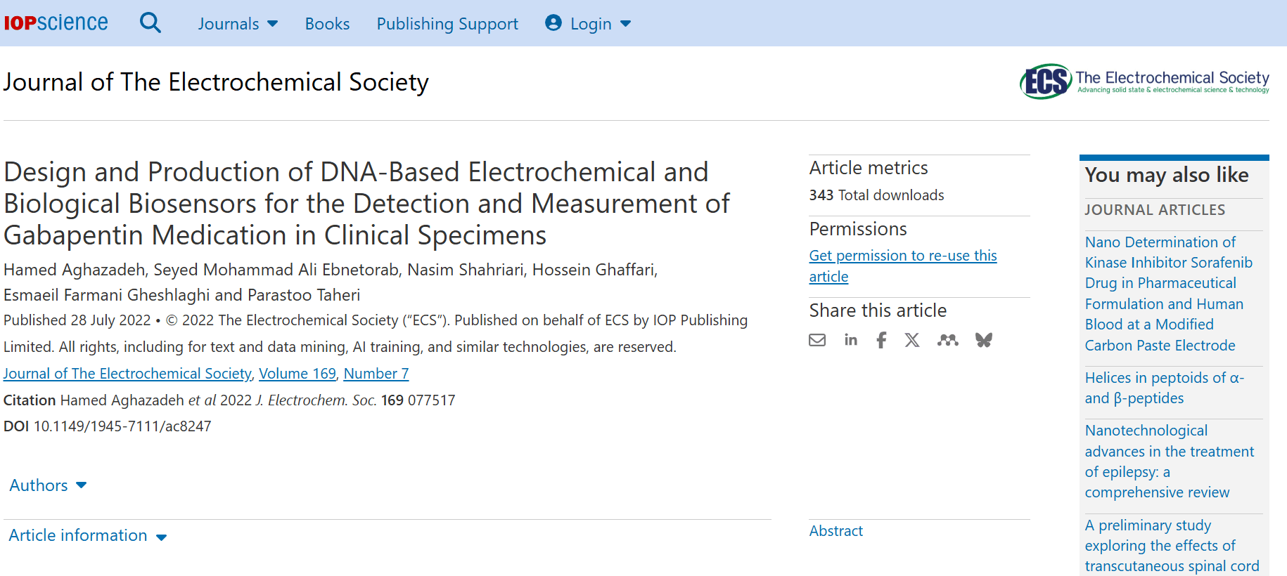 Design and Production of DNA-Based Electrochemical and Biological Biosensors for the Detection and Measurement of Gabapentin Medication in Clinical Specimens — نمونه کار منتشرشده موسسه شریف پیپر