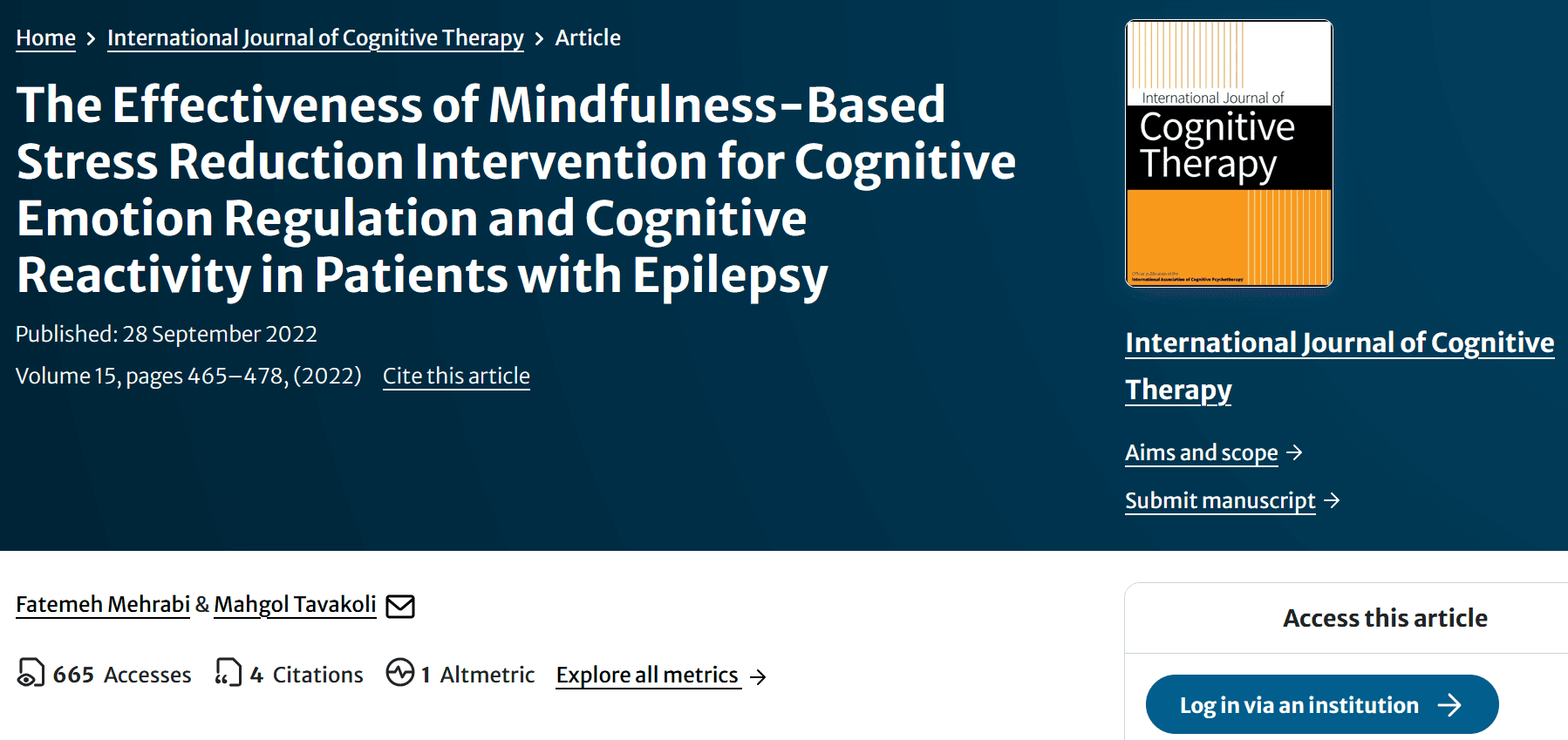 The Effectiveness of Mindfulness-Based Stress Reduction Intervention for Cognitive Emotion Regulation and Cognitive Reactivity in Patients with Epilepsy — نمونه کار منتشرشده موسسه شریف پیپر