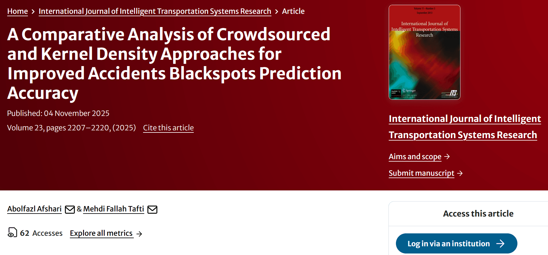 A Comparative Analysis of Crowdsourced and Kernel Density Approaches for Improved Accidents Blackspots Prediction Accuracy — نمونه کار منتشرشده موسسه شریف پیپر